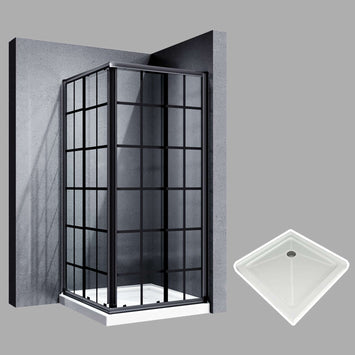 SUNNY SHOWER 1/4 inch Black Brushed Nickel Corner Square Shower Enclosure with Double Sliding Doors and White Square Base