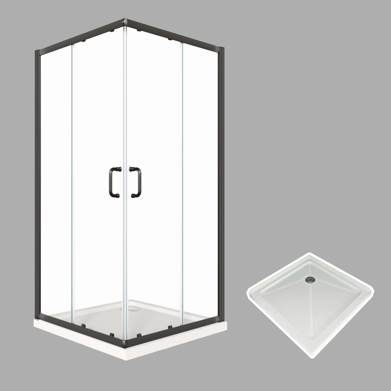 SUNNY SHOWER 1/4 inch Black Finish Corner Square Shower Enclosure with Double Sliding Doors and White Square Base