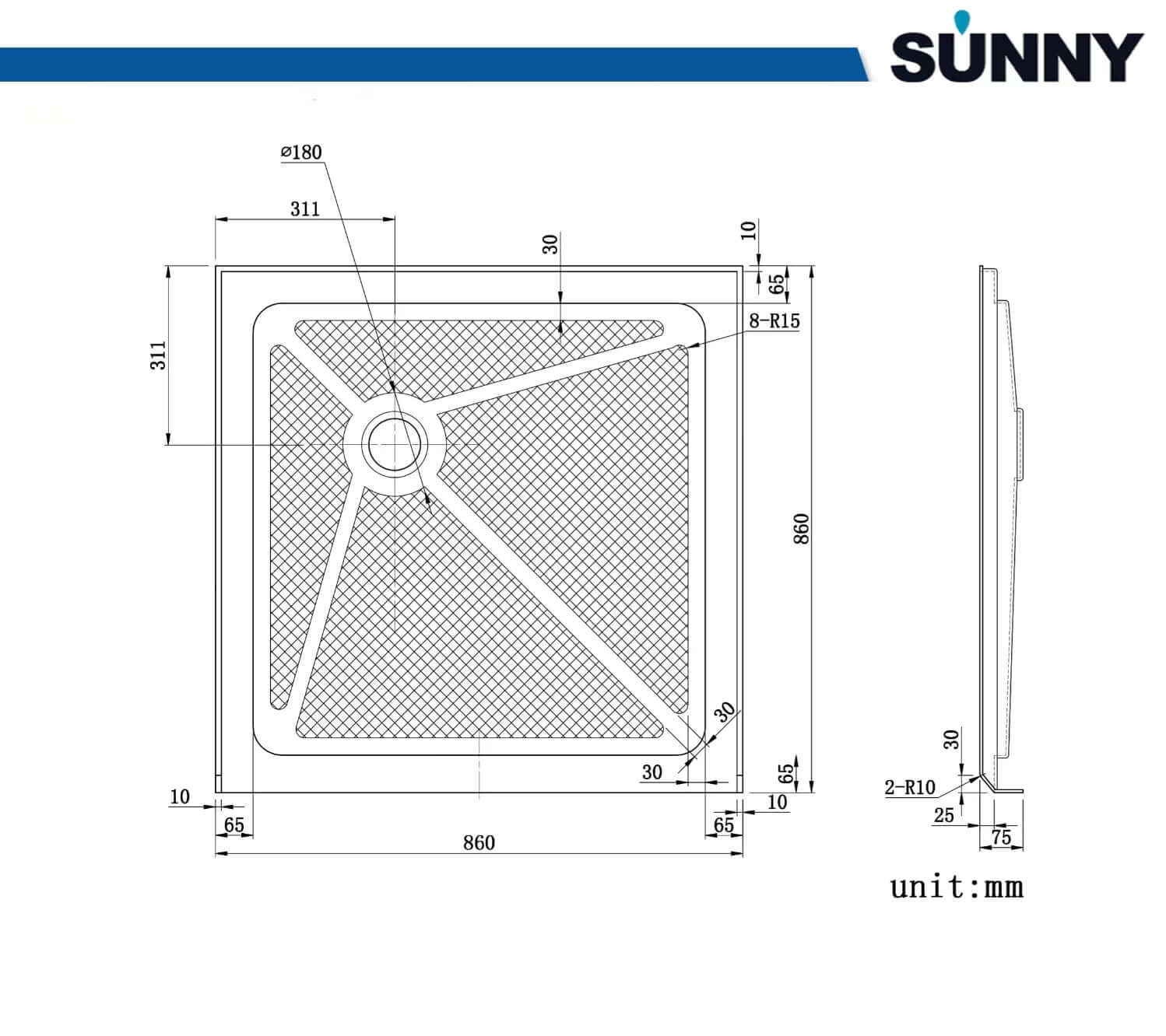 SUNNY SHOWER 34 in. W x 34 in. D x 3 in. H White Corner Drain Square Bases Size Chart