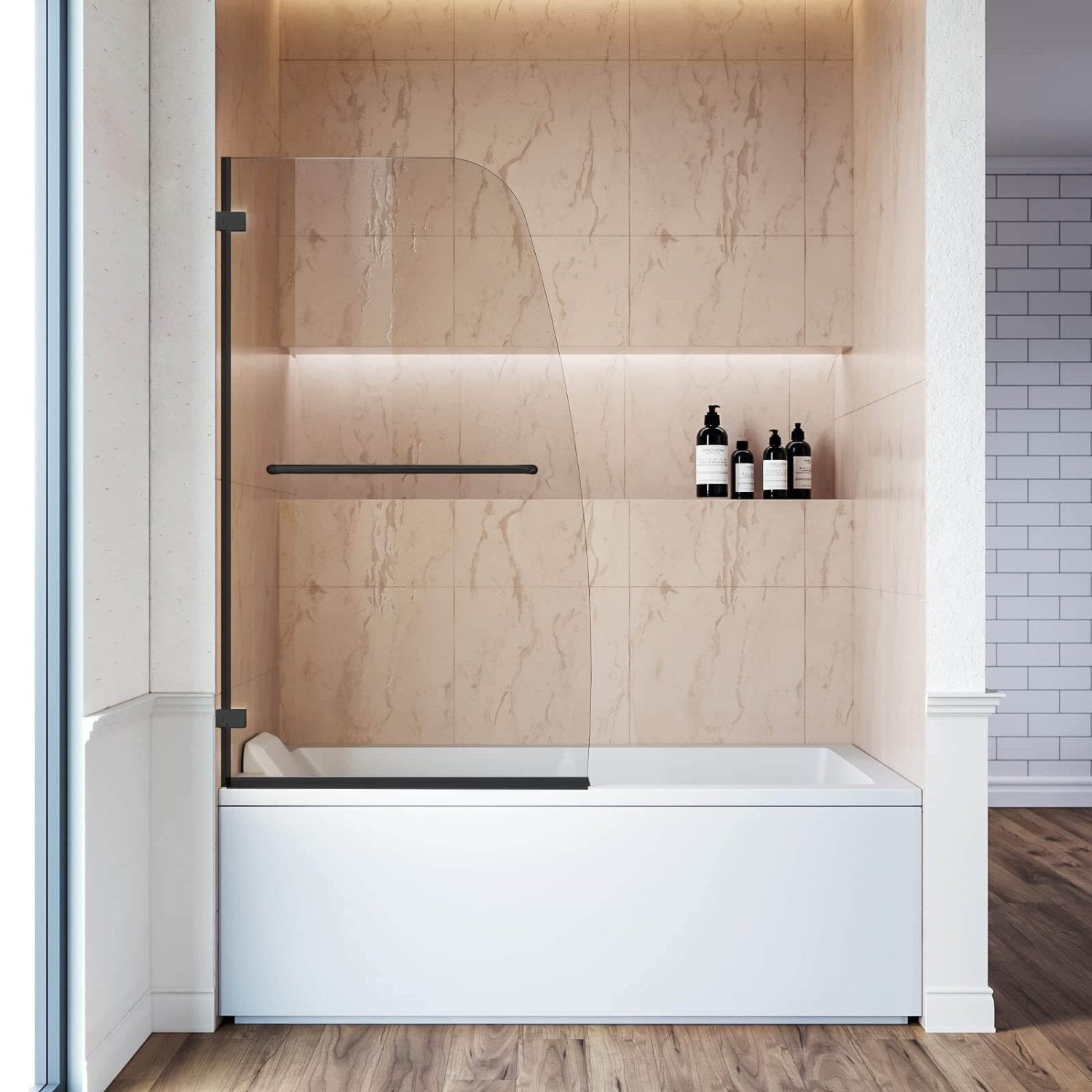 SUNNY SHOWER 34" x 58" Black Finish Bathtub Shower Door & Frameless Hinged Door for tub