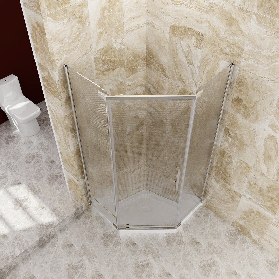 SUNNY SHOWER 36.5" W x 36.5" D x 72" H Chrome Finish Corner Diamond Shower Enclosure with Pivot Frosted Doors Overhead View