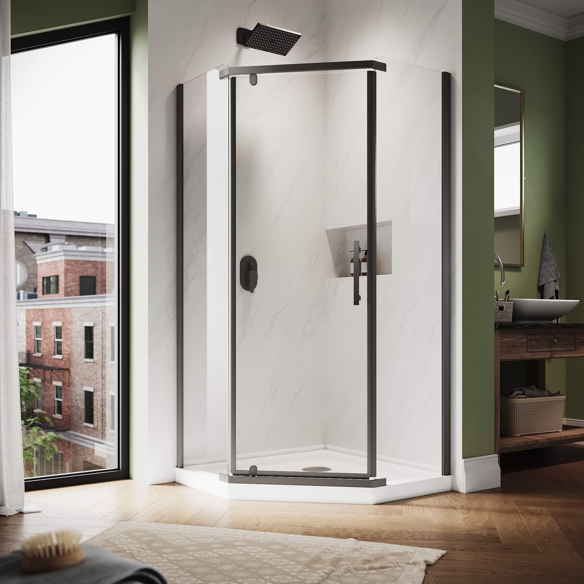 SUNNY SHOWER 36.5" W x 36.5" D x 72" H Black Finish Corner Diamond Shower Enclosure with Pivot Door