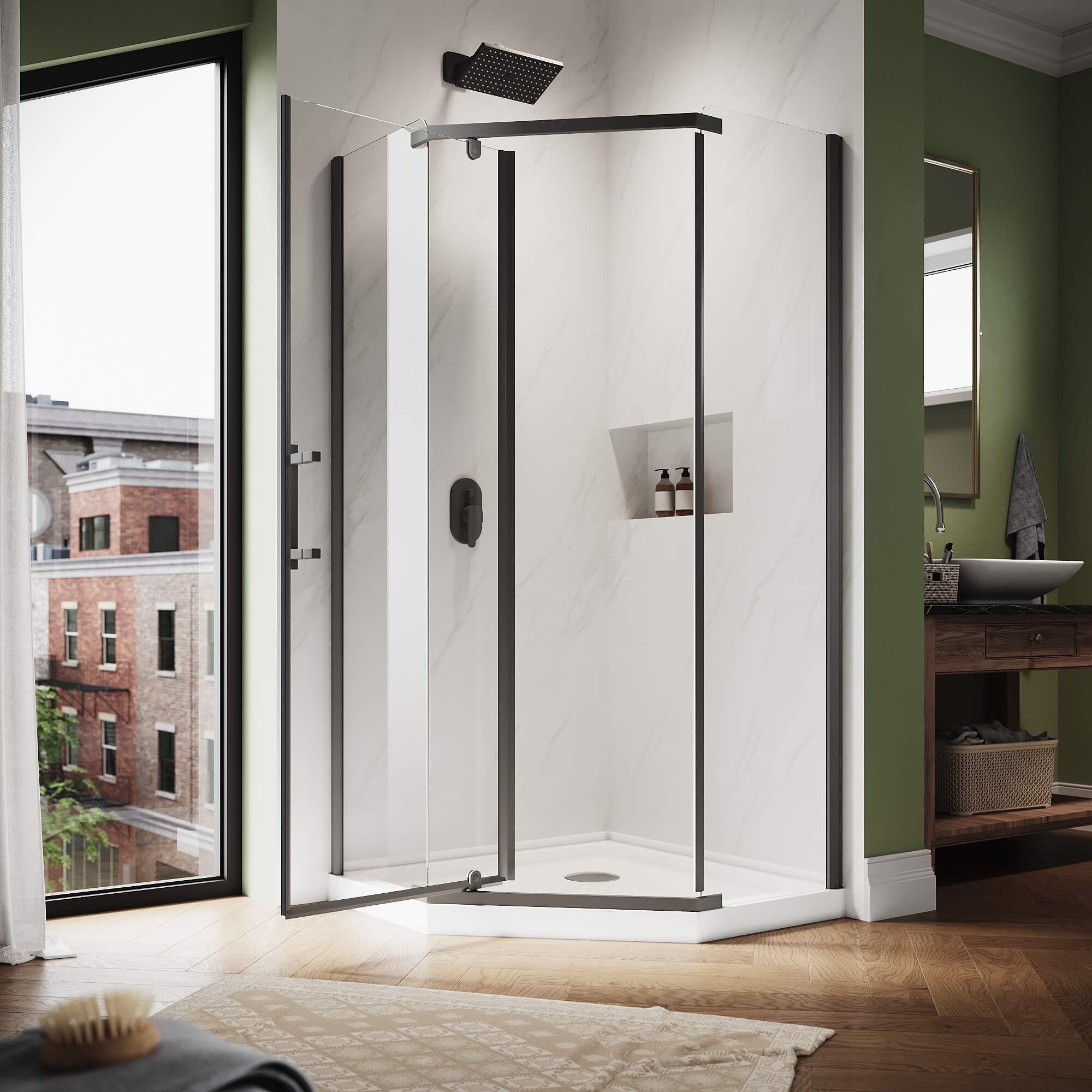 SUNNY SHOWER 36.5" W x 36.5" D x 72" H Black Finish Corner Diamond Shower Enclosure with Pivot Door