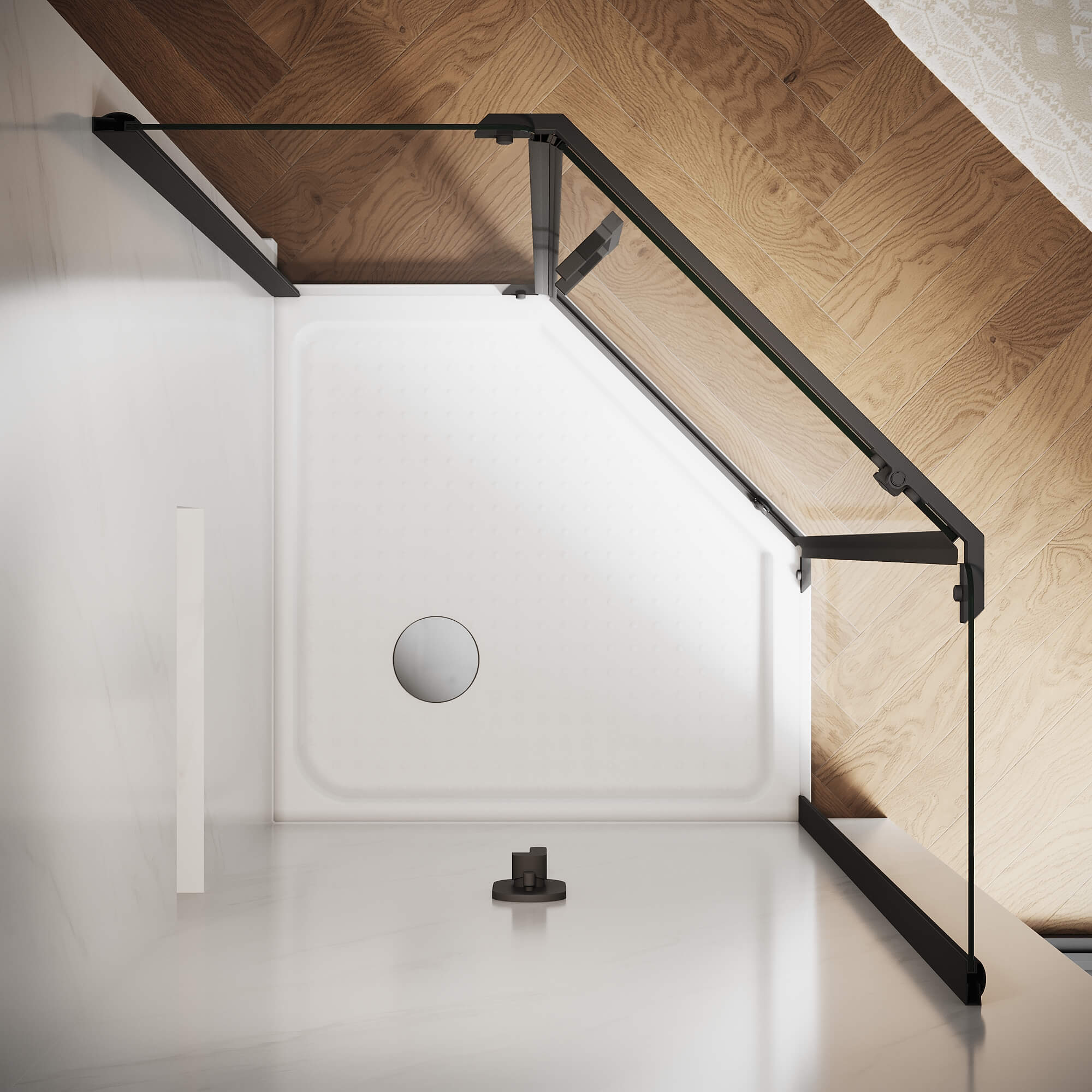 SUNNY SHOWER 36.5" W x 36.5" D x 72" H Black Finish Corner Diamond Shower Enclosure with Pivot Door Overhead View