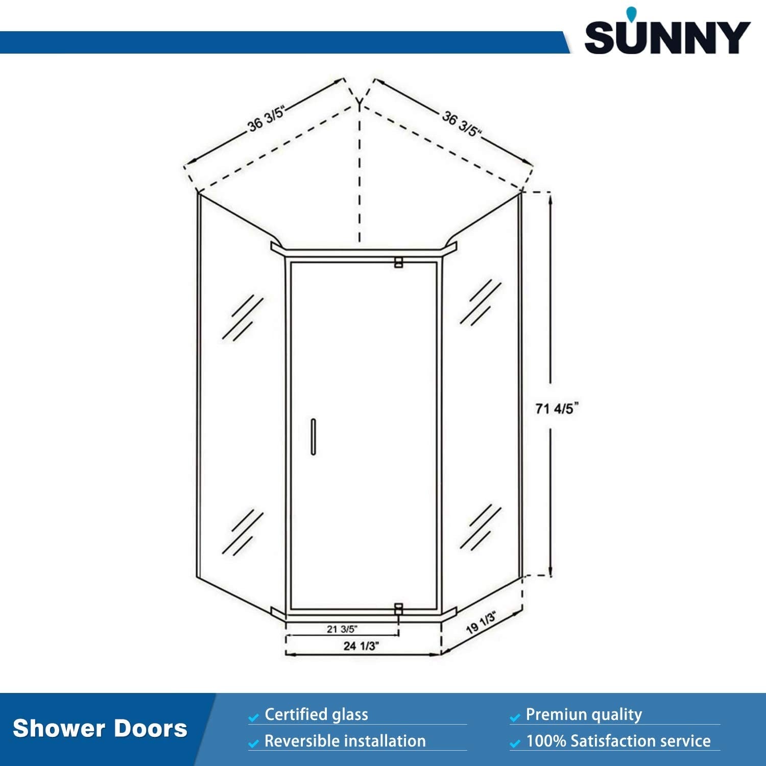 SUNNY SHOWER 36.5" W x 36.5" D x 72" H Corner Diamond Shower Enclosure with Pivot Door Size Chart