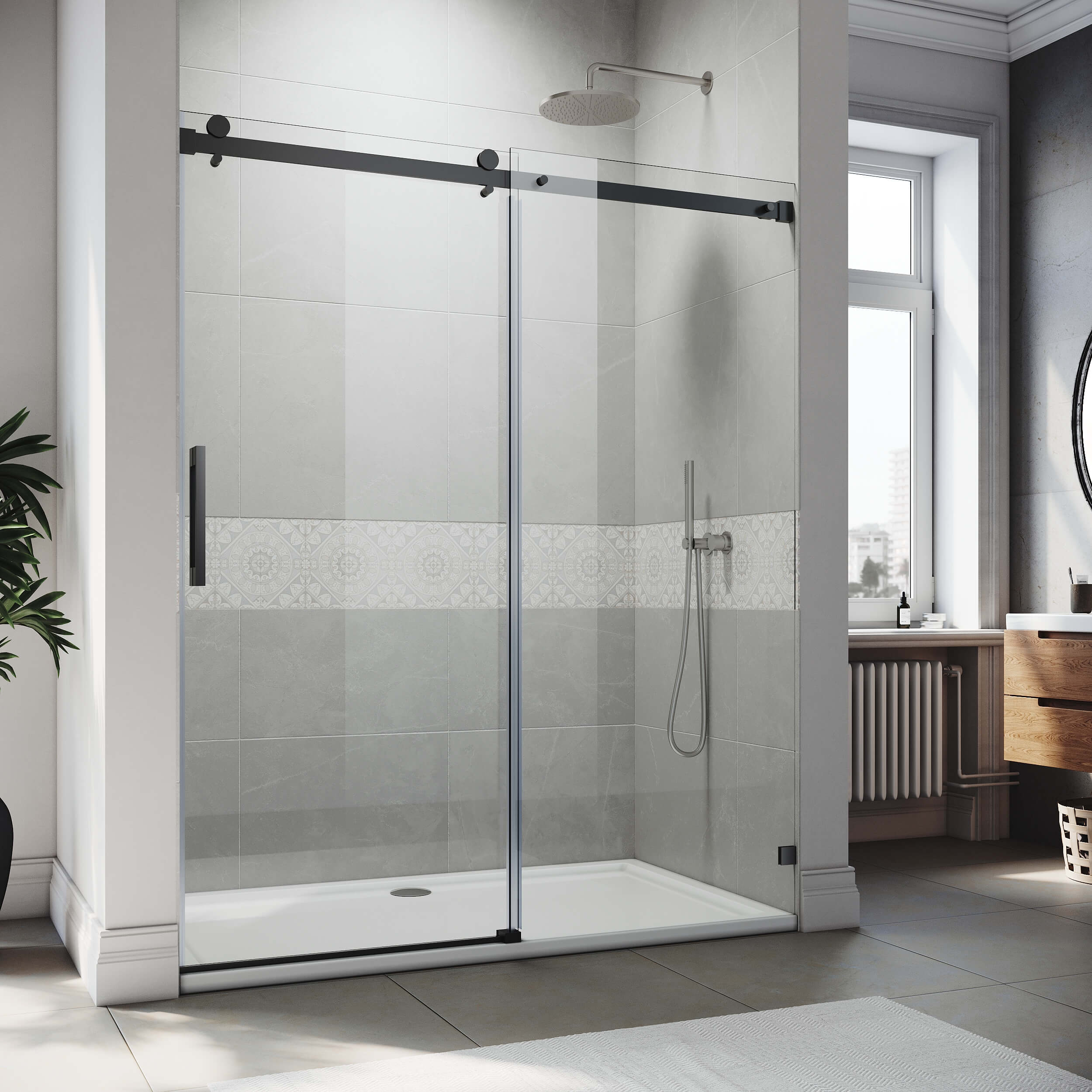 SUNNY SHOWER 60" W x 72" H Black Finish Frameless Sliding Shower Doors
