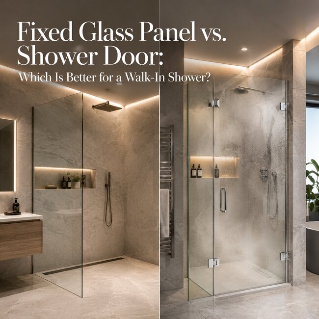 Fixed glass panel vs shower door comparison in a modern walk-in shower with marble tiles and luxury fixtures.