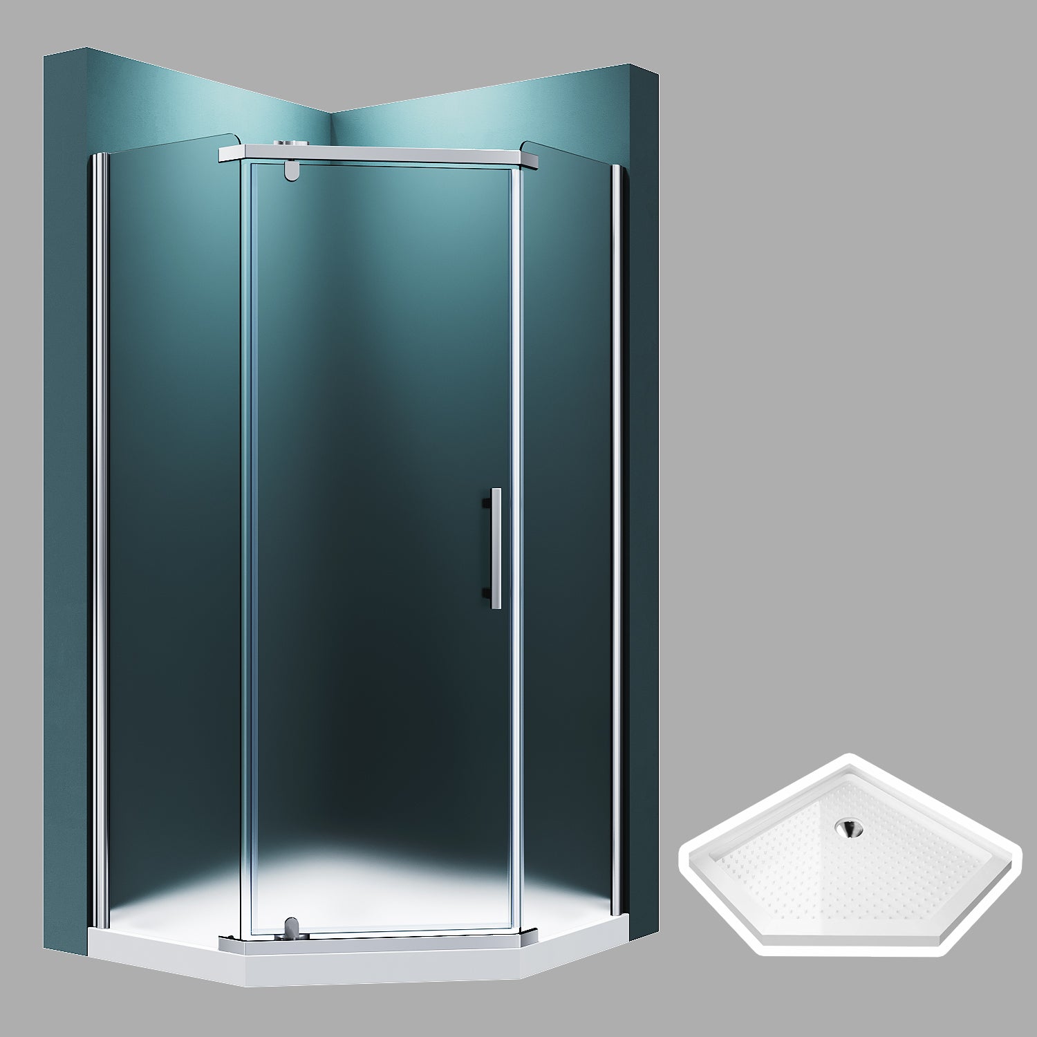 SUNNY SHOWER 36.7 in. W x 36.7 in. D x 71.8 in. H Frosted Chrome Finish Pivot Enclosures With Pivot Door And White Quadrant Bases