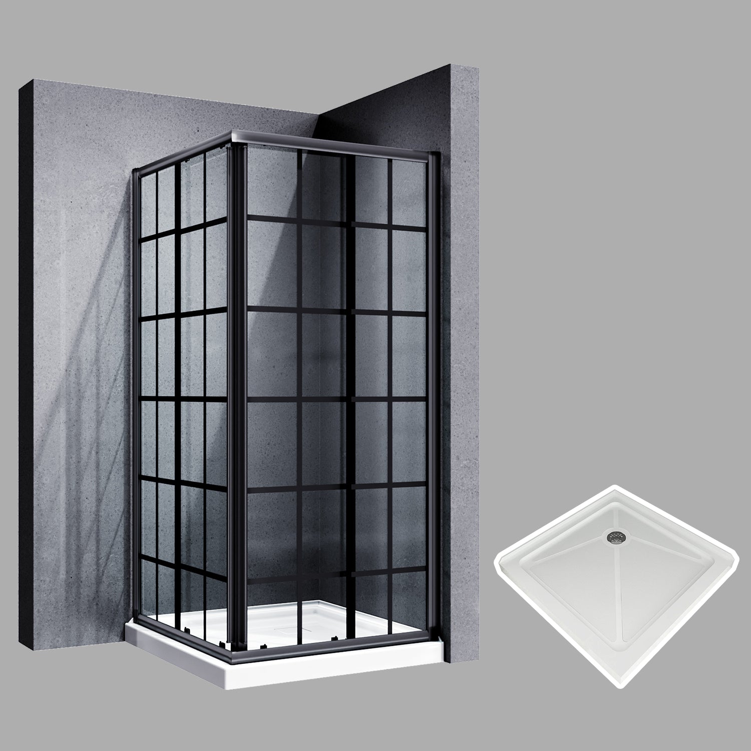 SUNNY SHOWER 36 in. D x 36 in. W x 72 in. H Black Check Corner Entry Enclosure With Sliding Doors And White Square Base