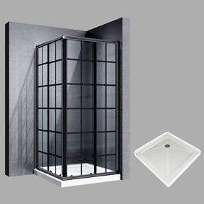 SUNNY SHOWER Black Check Corner Entry Enclosure With Sliding Doors And White Square Base