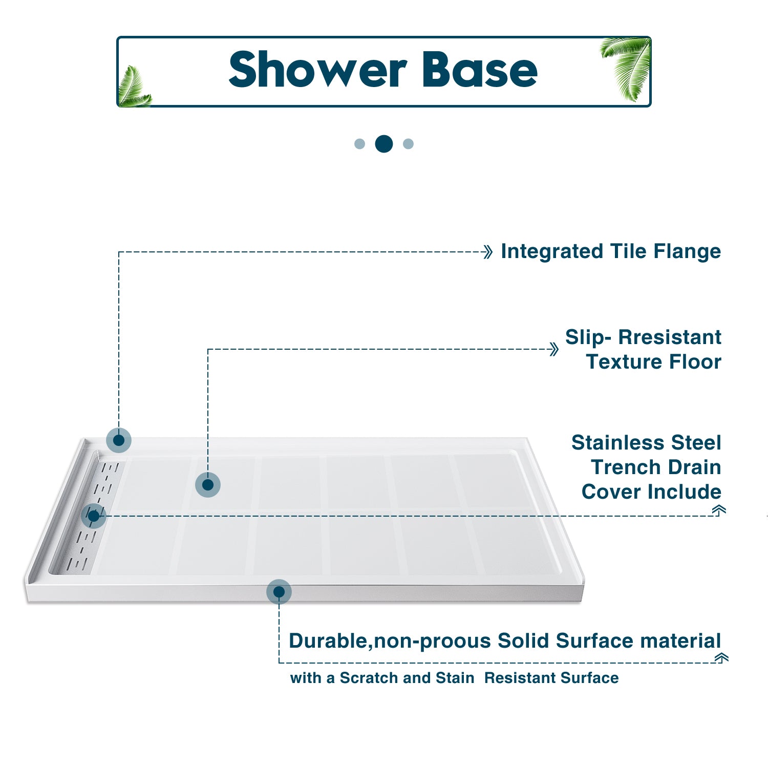 Design: (integrated tile flange）（slip-resistant texture floor）（stainless steel trench drain cover include）（durable, non-proous solid surface material）