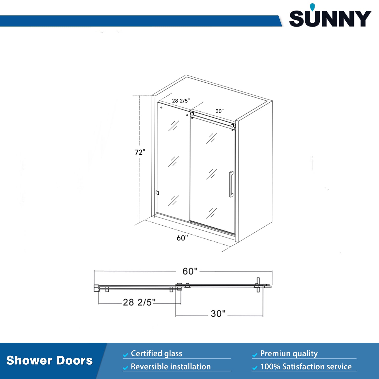 SUNNY SHOWER 60 in. W x 72 in. H Frameless Sliding Shower Doors Size Chart