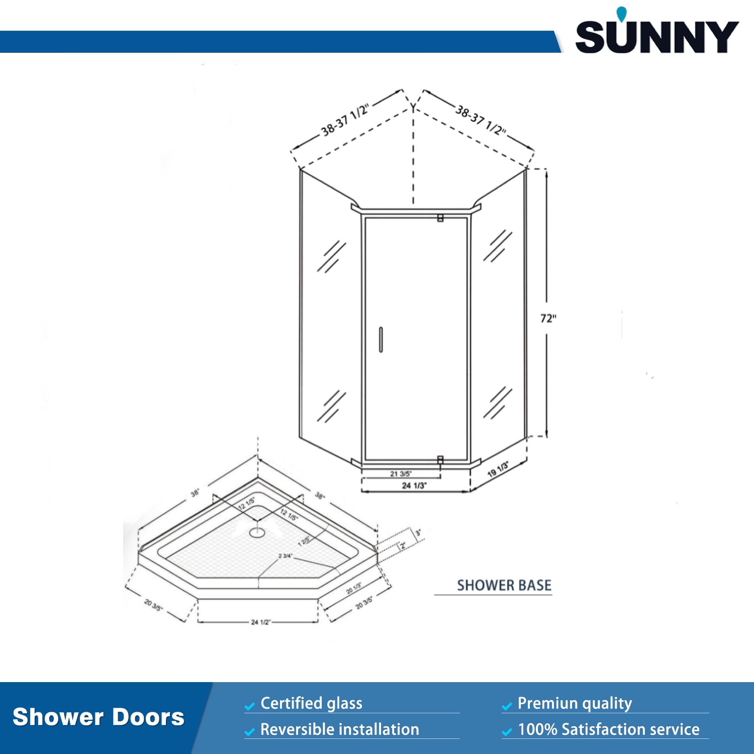 SUNNY SHOWER 36.7 in. W x 36.7 in. D x 71.8 in. H Black Finish Pivot Enclosures With Pivot Door And White Diamond Bases Dimensions