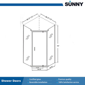 SUNNY SHOWER 36.7 in. W x 36.7 in. D x 71.8 in. H Black Finish Pivot Enclosures With Pivot Door  Dimensions