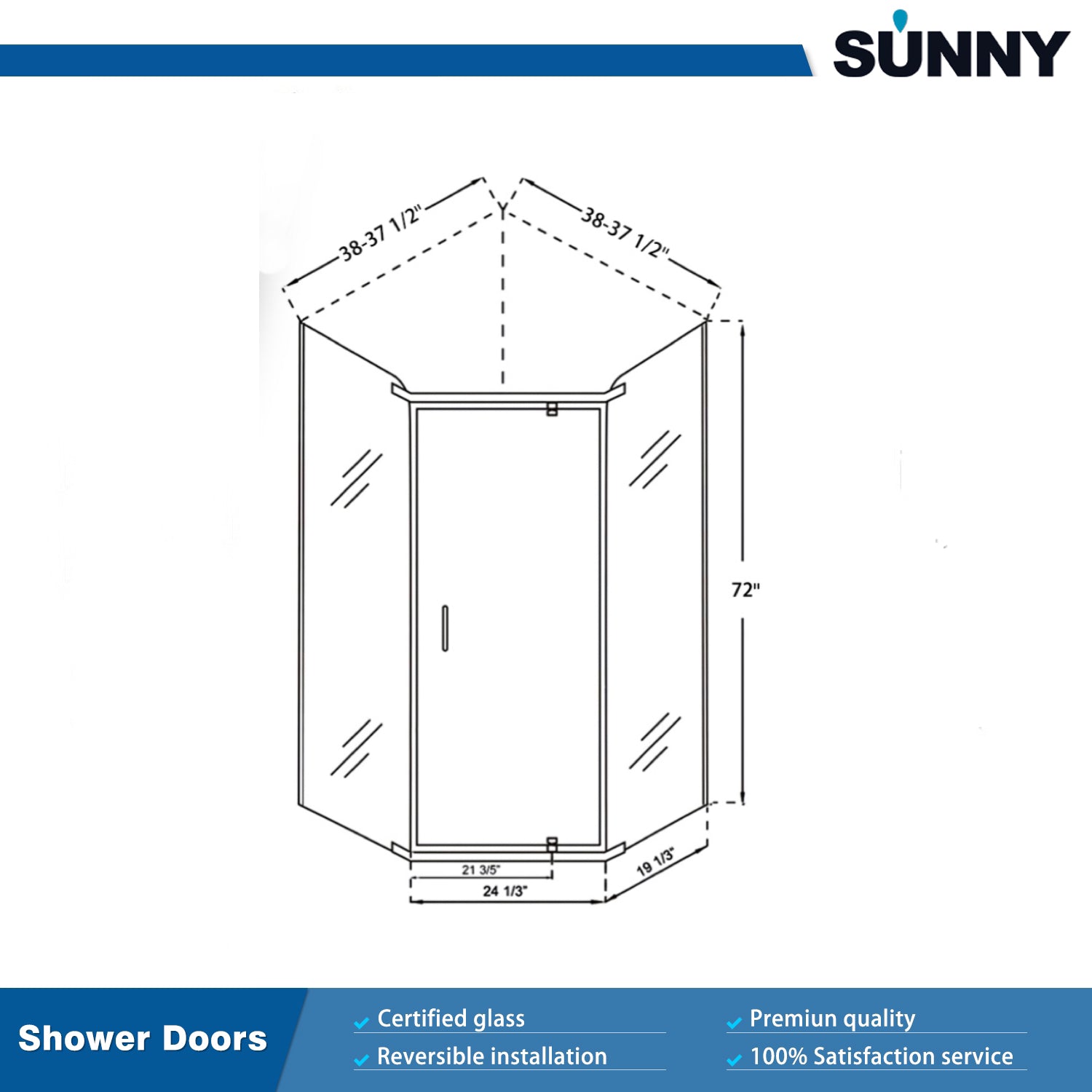 SUNNY SHOWER Pivot Enclosures With Pivot Door 36.7 in. W x 36.7 in. D x 71.8 in. H Black Finish Size Chart