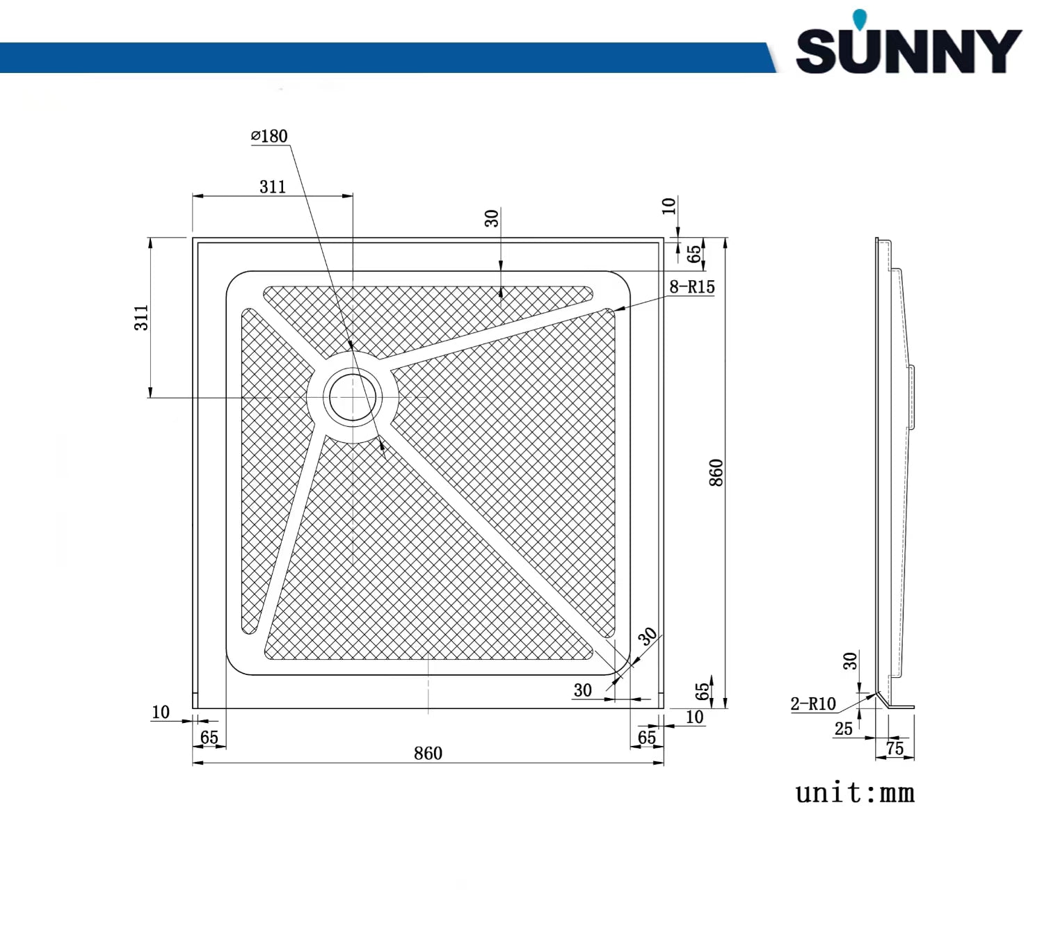 SUNNY SHOWER 34 in. W x 34 in. D x 3 in. H White Corner Drain Square Bases Product Size