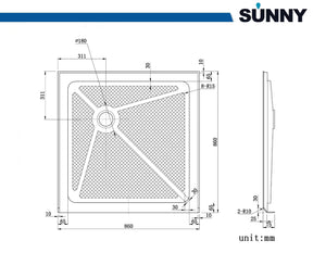 SUNNY SHOWER 34 in. W x 34 in. D x 3 in. H White Corner Drain Square Bases Product Size