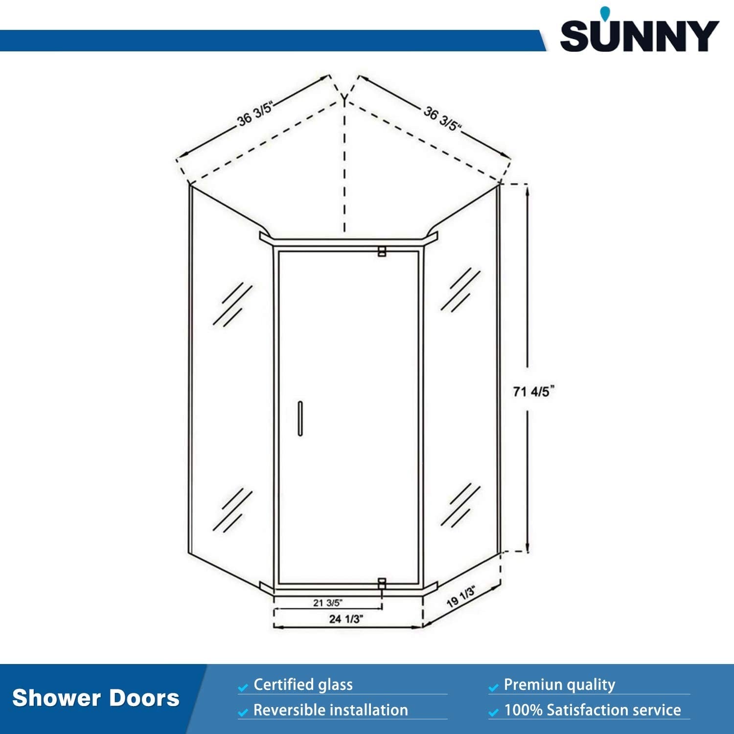 SUNNY SHOWER Corner Diamond Shower Enclosure with 36.5 in. W x 36.5 in. D x 72 in. H Pivot Doors, Size Chart