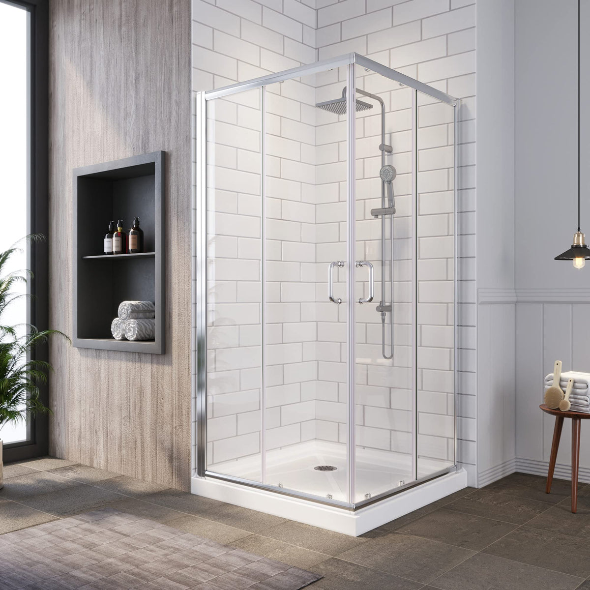 SUNNY SHOWER 34 in. W x 34 in. D x 72 in. H Brushed Nickel Corner Entry Enclosure With Sliding Doors And White Square Base
