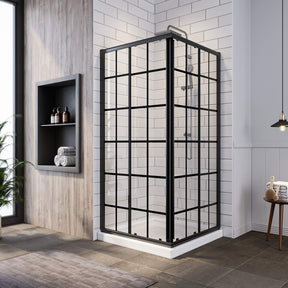 SUNNY SHOWER 36 in. W X 36 in. W X 72 in. H Black Check Corner Entry Enclosure With Sliding Doors