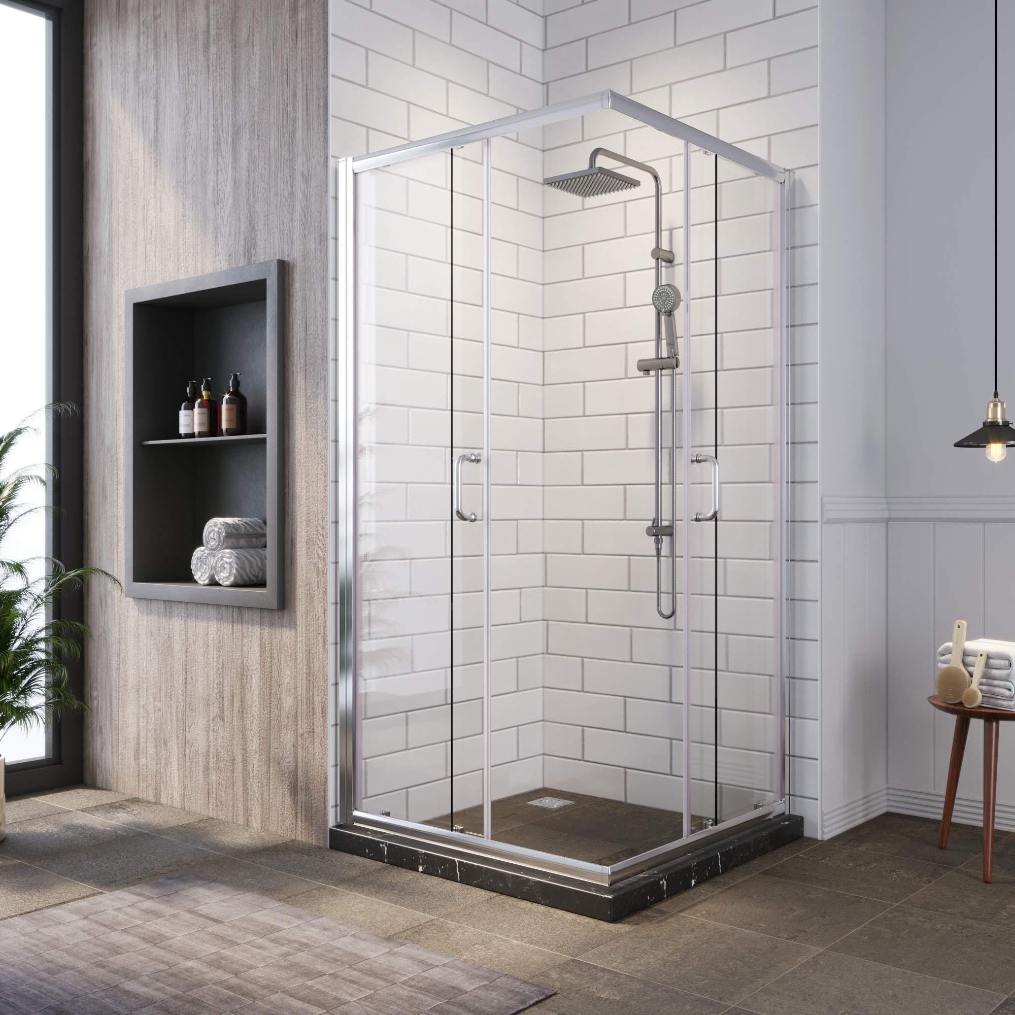 SUNNY SHOWER 34 in. L x 34 in. W x 72 in. H Chrome Finish Corner Entry Enclosure With Sliding Doors