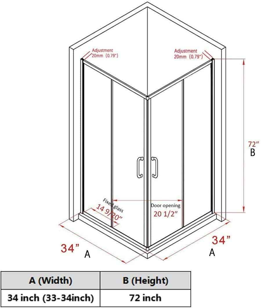 SUNNY SHOWER 34 in. L x 34 in. W x 72 in. H Corner Entry Enclosure With Sliding Doors Size Chart