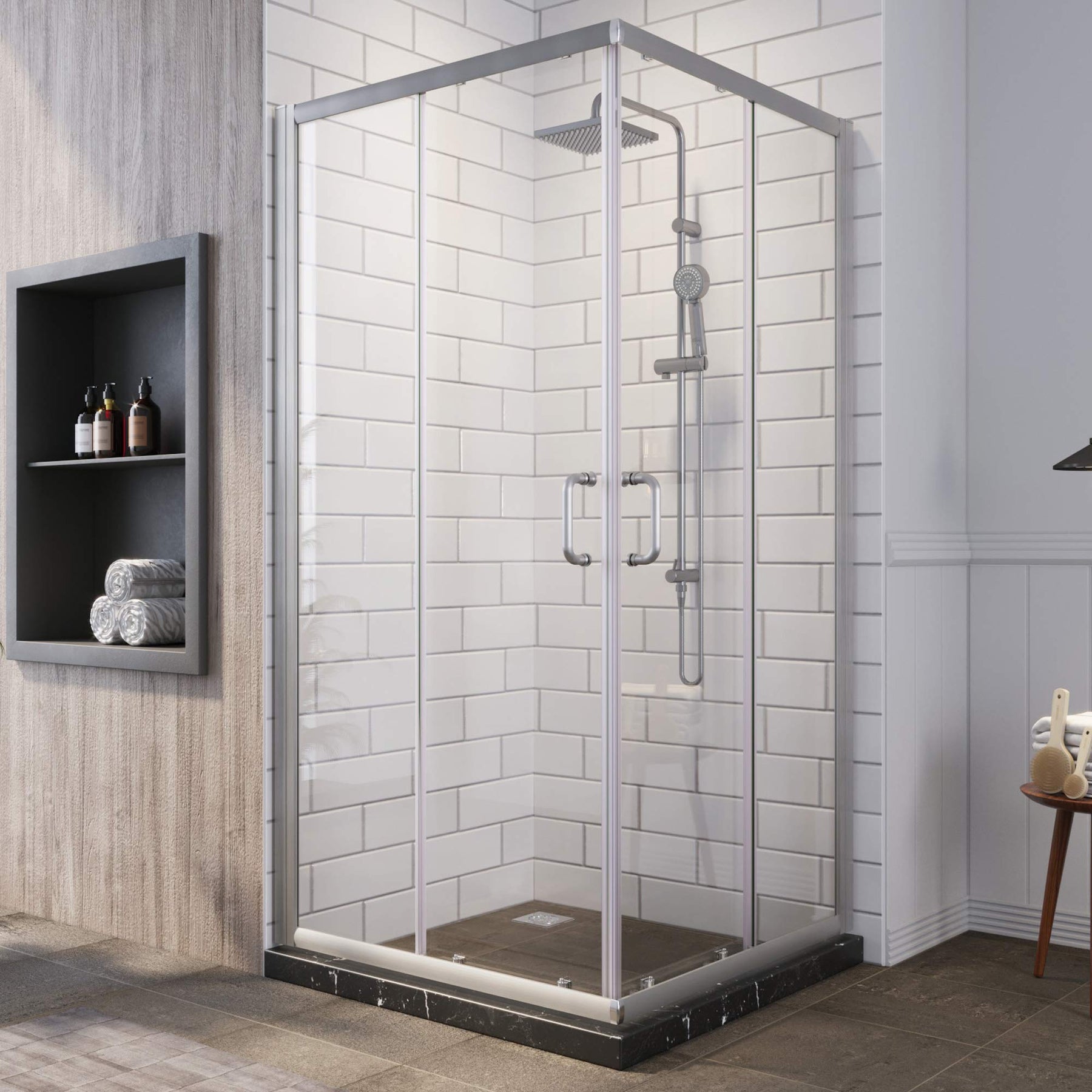 SUNNY SHOWER 34 in. L x 34 in. W x 72 in. H Brushed Nickel Finish Corner Entry Enclosure With Sliding Doors