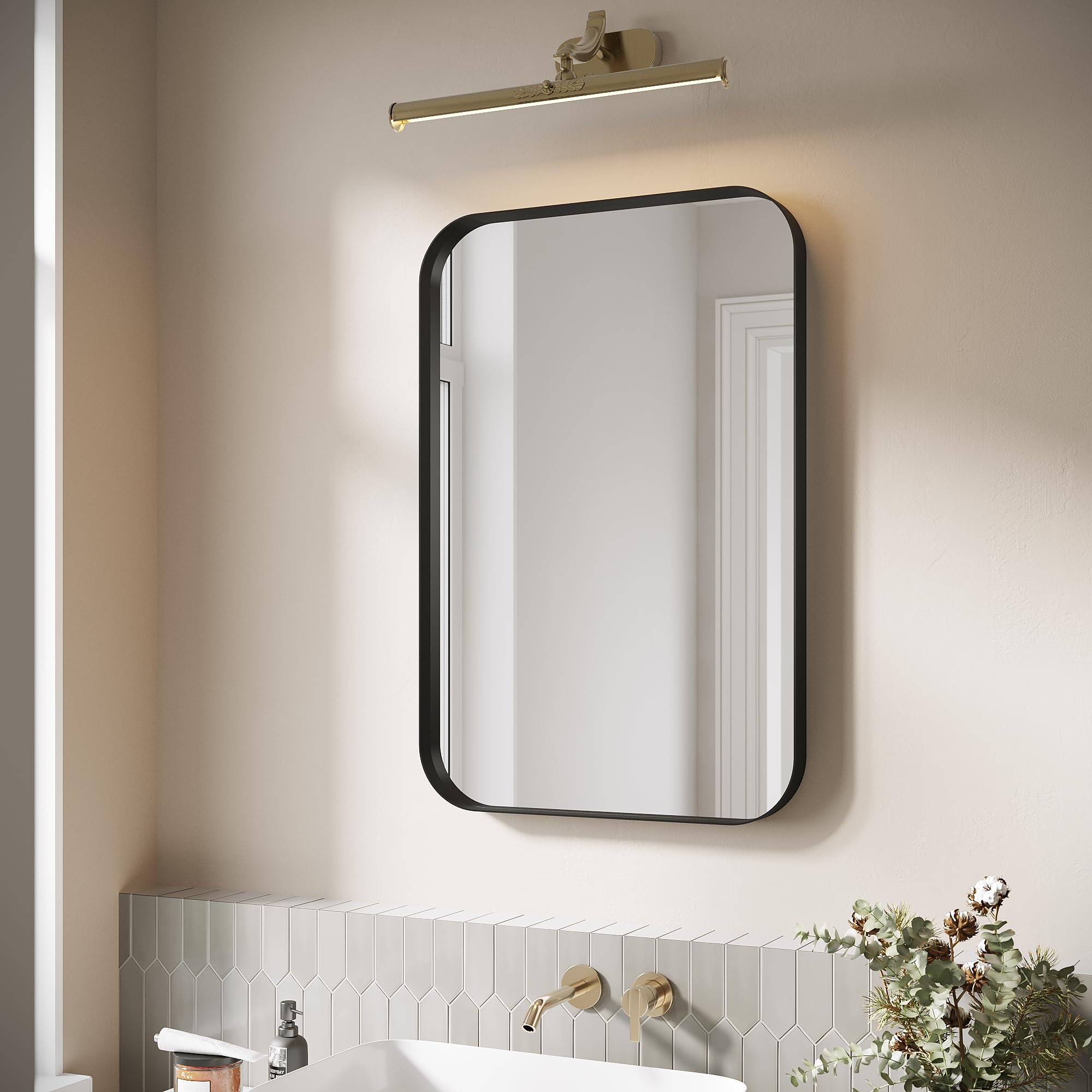 ELEGANT Black Round Corner Vanity Mirror Wall-Mounted 24 in. W x 36 in. H Brushed Metal