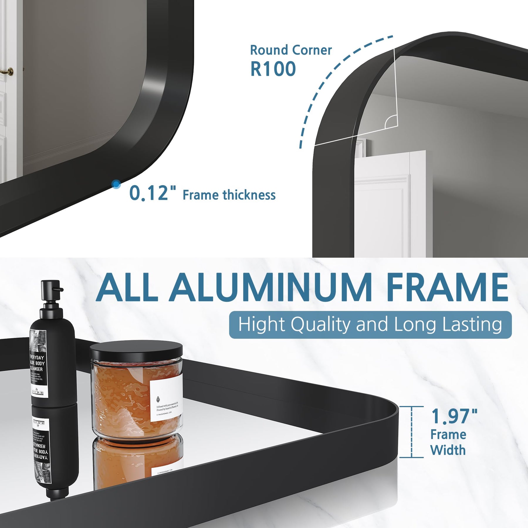 Stylish Design: Our bathroom wall mirror showcases a fashionable and contemporary industrial style. Its fully sealed metal frame and simple design provide water resistance, shockproof capability, and enhanced stability.