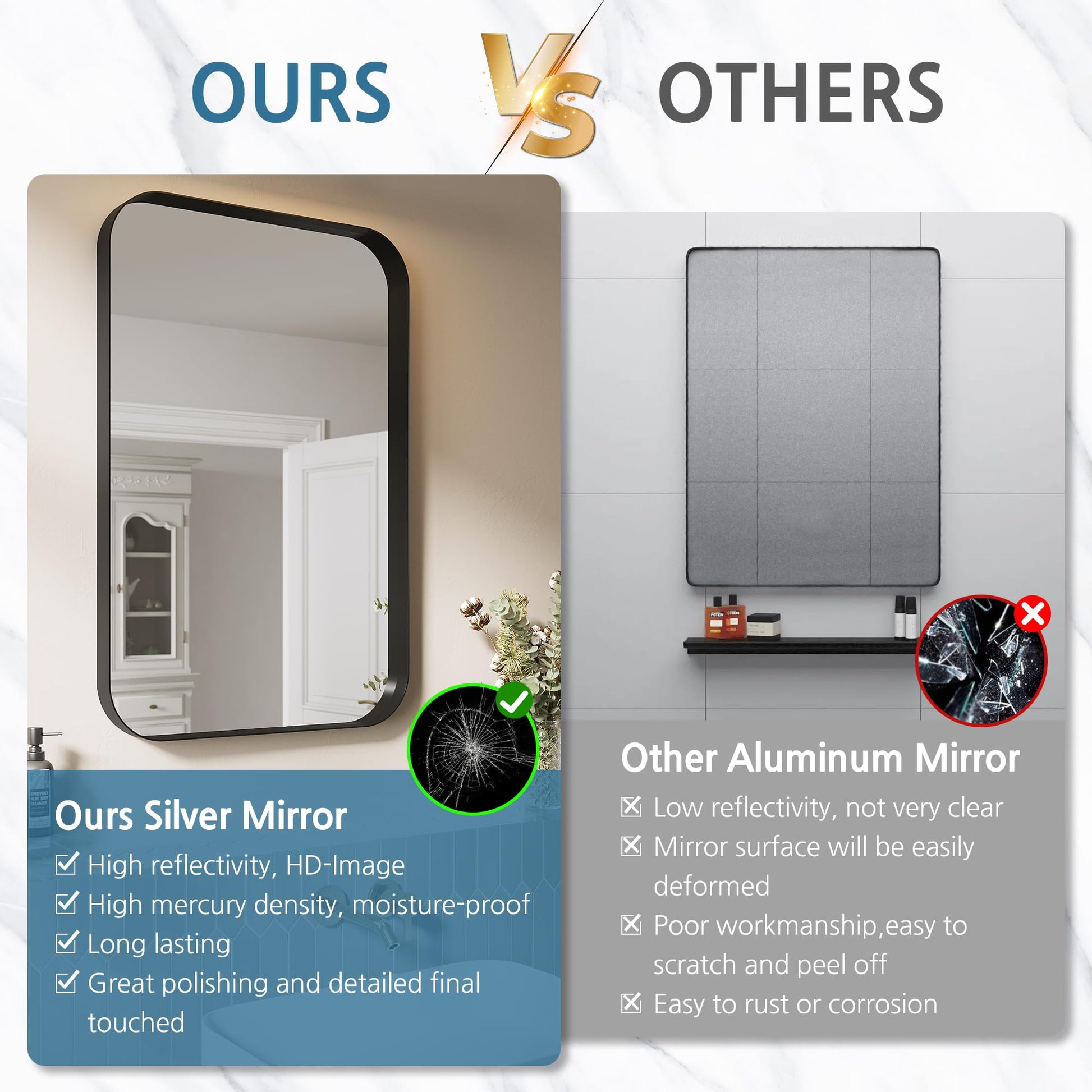 Our advantage：1.high reflectivity，HD-Image, 2. high mercury denisity, moisture-proof, 3. long lasting, 4. great polishing and detailed final touched