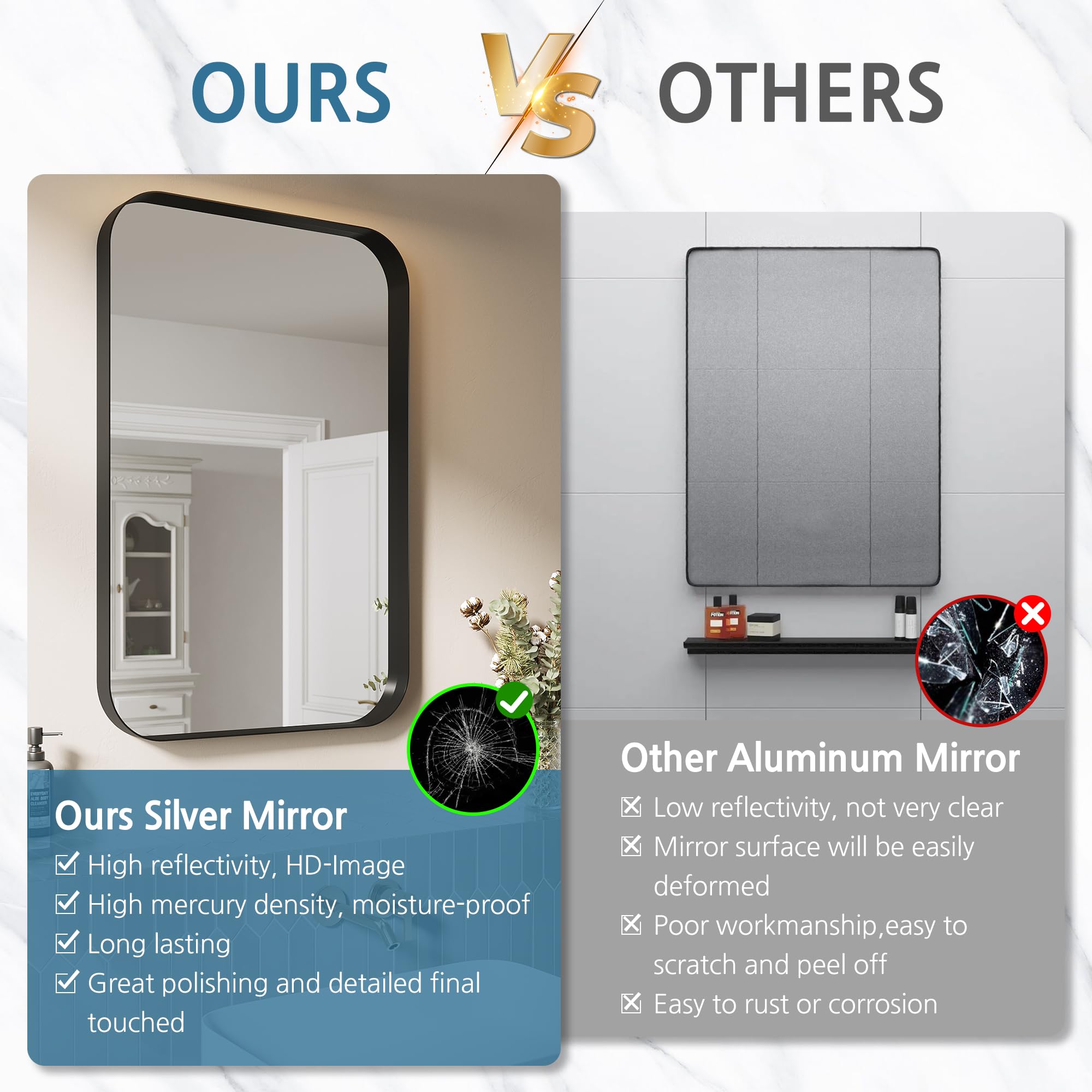 Our advantage：1.high reflectivity，HD-Image, 2. high mercury denisity, moisture-proof, 3. long lasting, 4. great polishing and detailed final touched