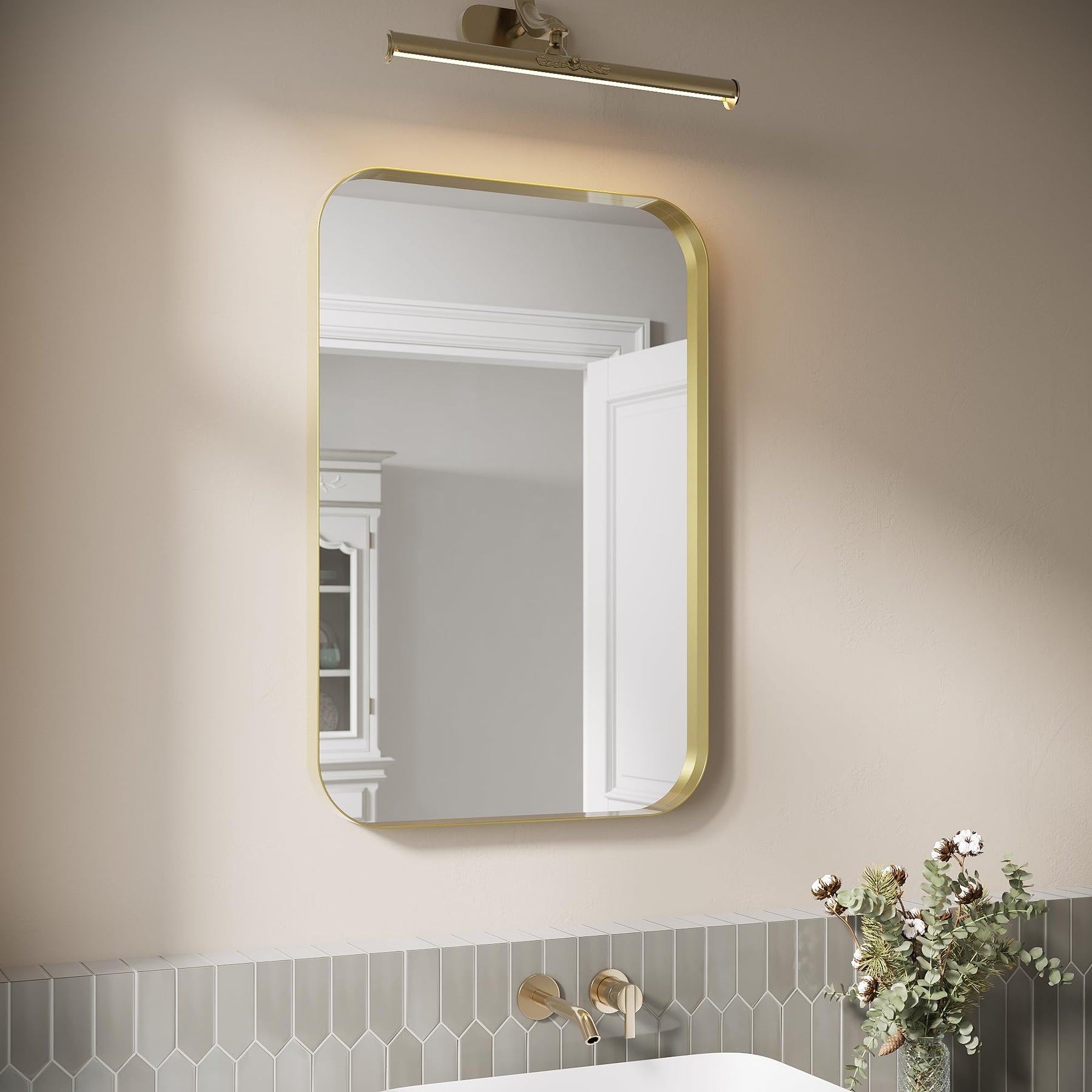ELEGANT Gold Round Corner Vanity Mirror Wall-Mounted 24 in. W x 36 in. H Brushed Metal