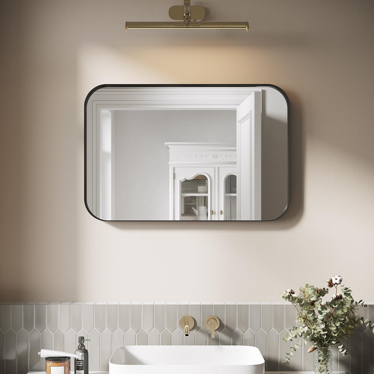 ELEGANT Black Round Corner Vanity Mirror Wall-Mounted 30 in. W x 36 in. H Brushed Metal