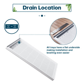 Drain location：all trays have a flat underside making installation and levelling even easier
