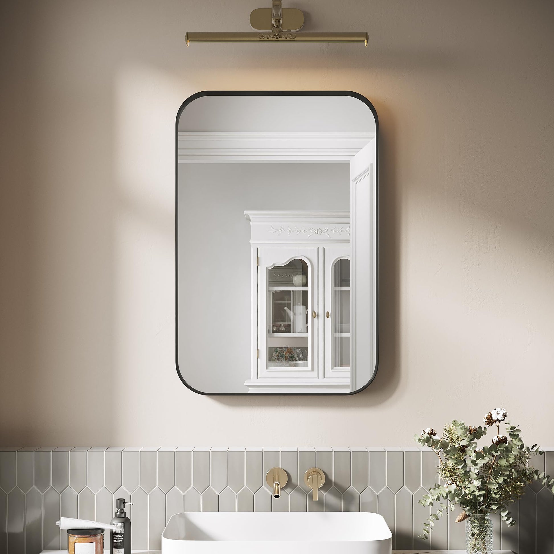 ELEGANT Black Round Corner Vanity Mirror Wall-Mounted 30 in. W x 40 in. L Brushed Metal