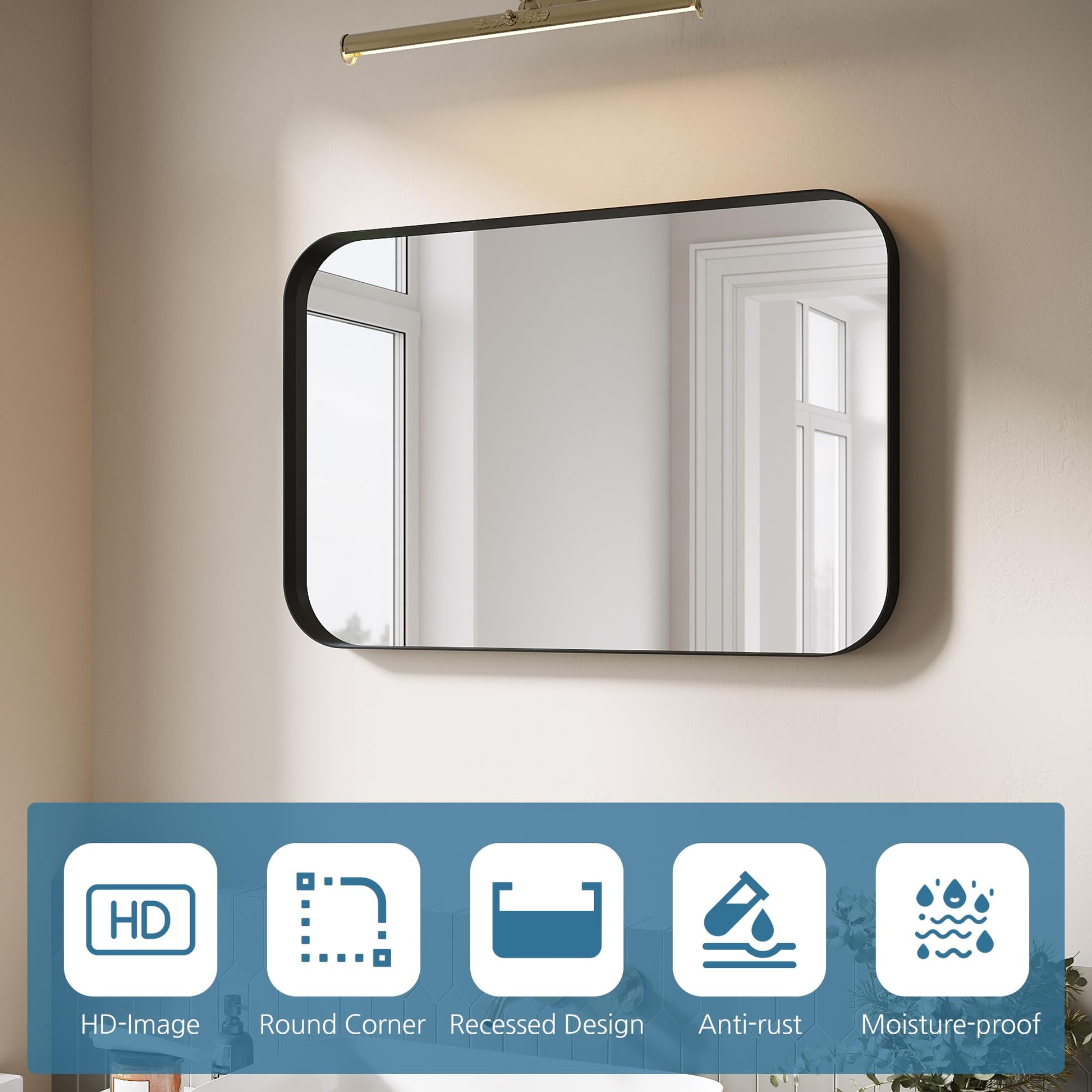 ELEGANT Black Round Corner Vanity Mirror Wall-Mounted 30 in. W x 40 in. L Brushed Metal