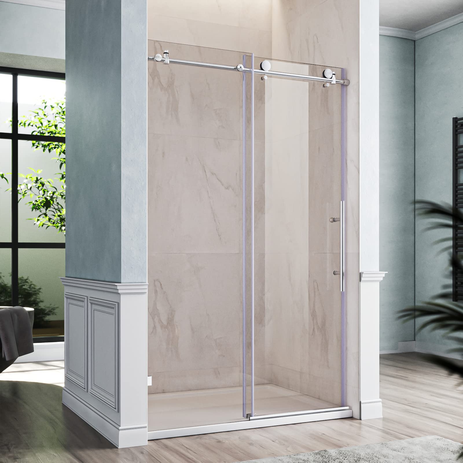 SUNNY SHOWER Frameless Chrome Finish Sliding Shower Doors 48 in. W x 76 in. H