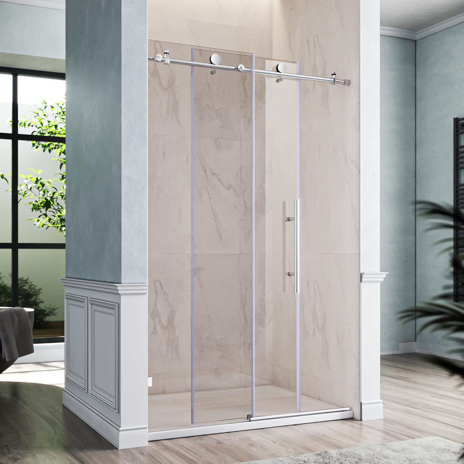 SUNNY SHOWER Frameless Chrome Finish Sliding Shower Doors 48 in. W x 76 in. H