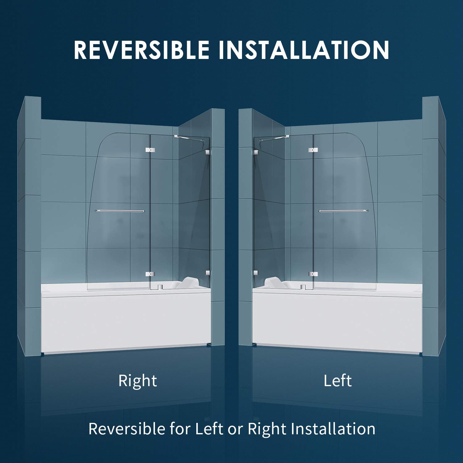 Reversible for right or left door opening installation. Suitable for installation on any straight bathtub.