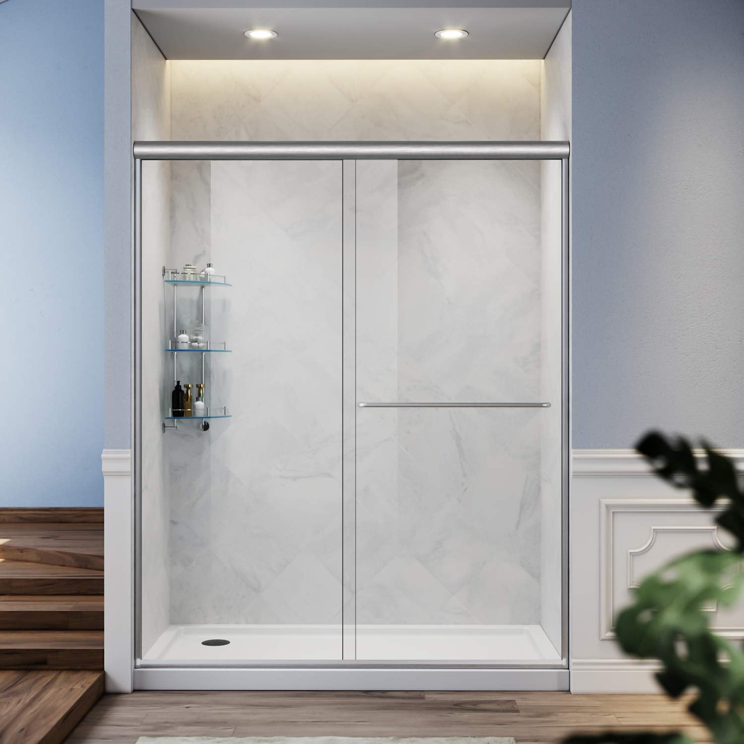 Sunny Shower Glass Sliding Shower Door 48 W x 72 H Semi-Frameless Bypass Shower Enclosure 1/4 Clear Glass Shower Doors Brushed Nickel Finish B020