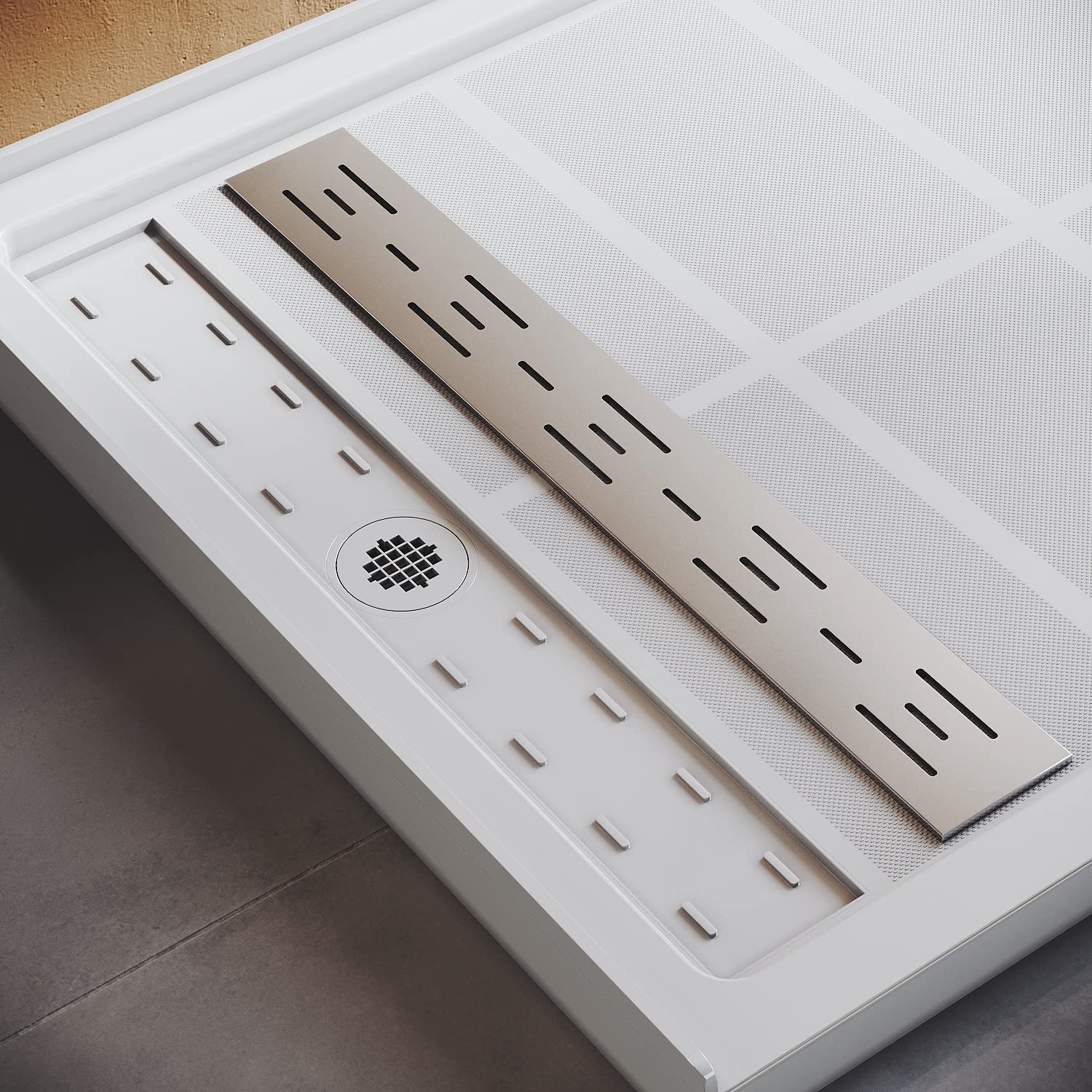 SUNNY SHOWER 48 in. W x 36 in. D x 4 in. H White Left Drain Rectangular Base Detail