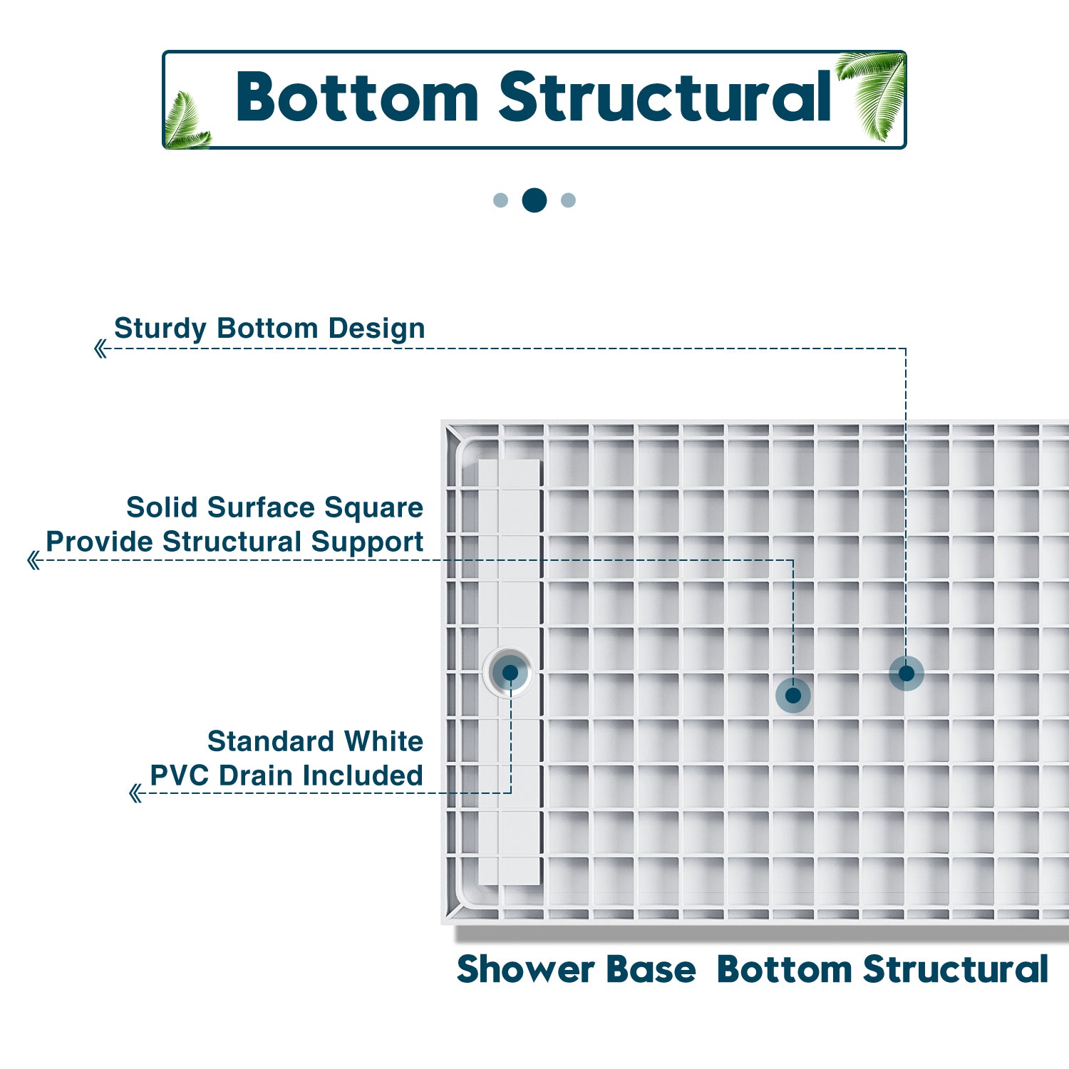 bottom structural（standard white pcv drain included）（solid surface square provide structural support）（sturdy bottom design）
