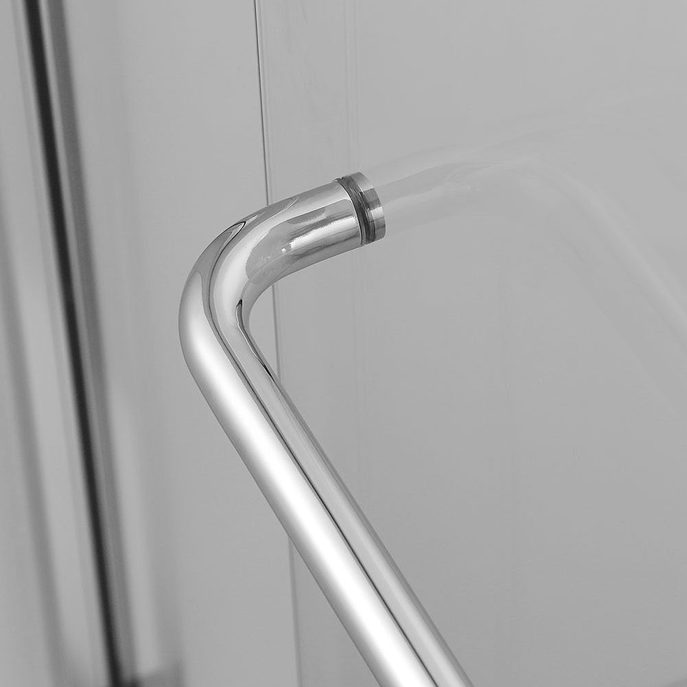 Chrome Finish door handle with long bar is mounted proud enough to act as a towel rail or as leverage when opening/exiting