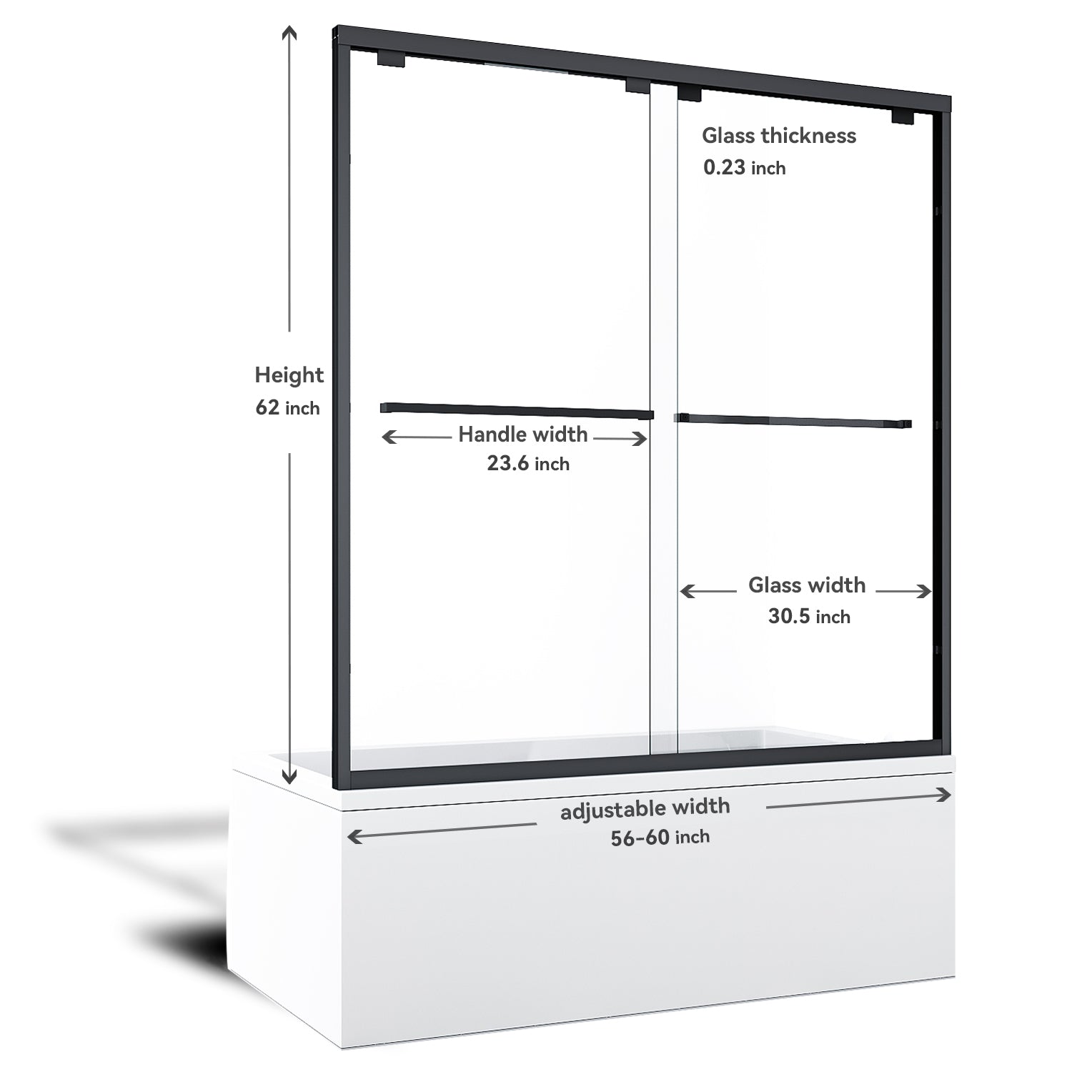 SUNNY SHOWER Bathtub Double Sliding Doors 60 in. W x 62 in. H Black Finish Size Chart
