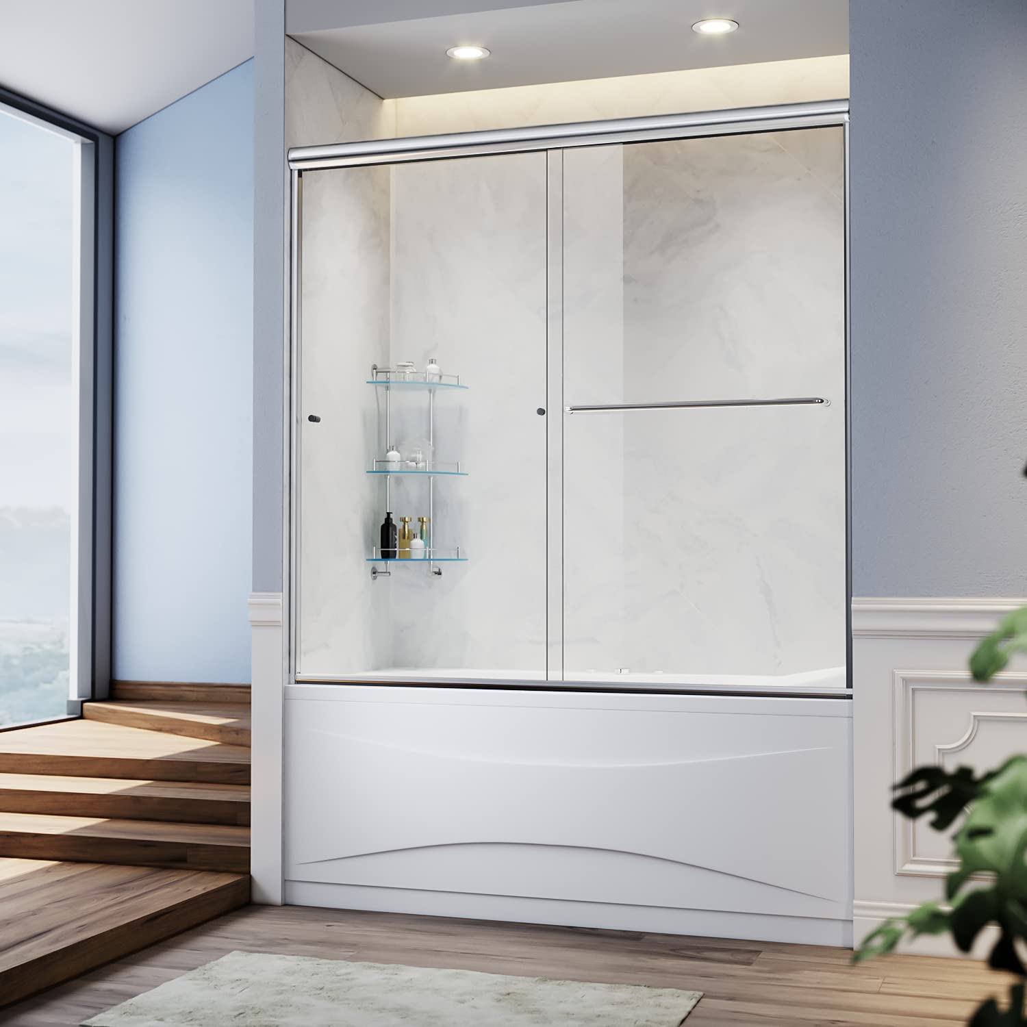 SUNNY SHOWER 60 in. W x 57.4 in. H Chrome Finish Bathtub Double Sliding Doors 