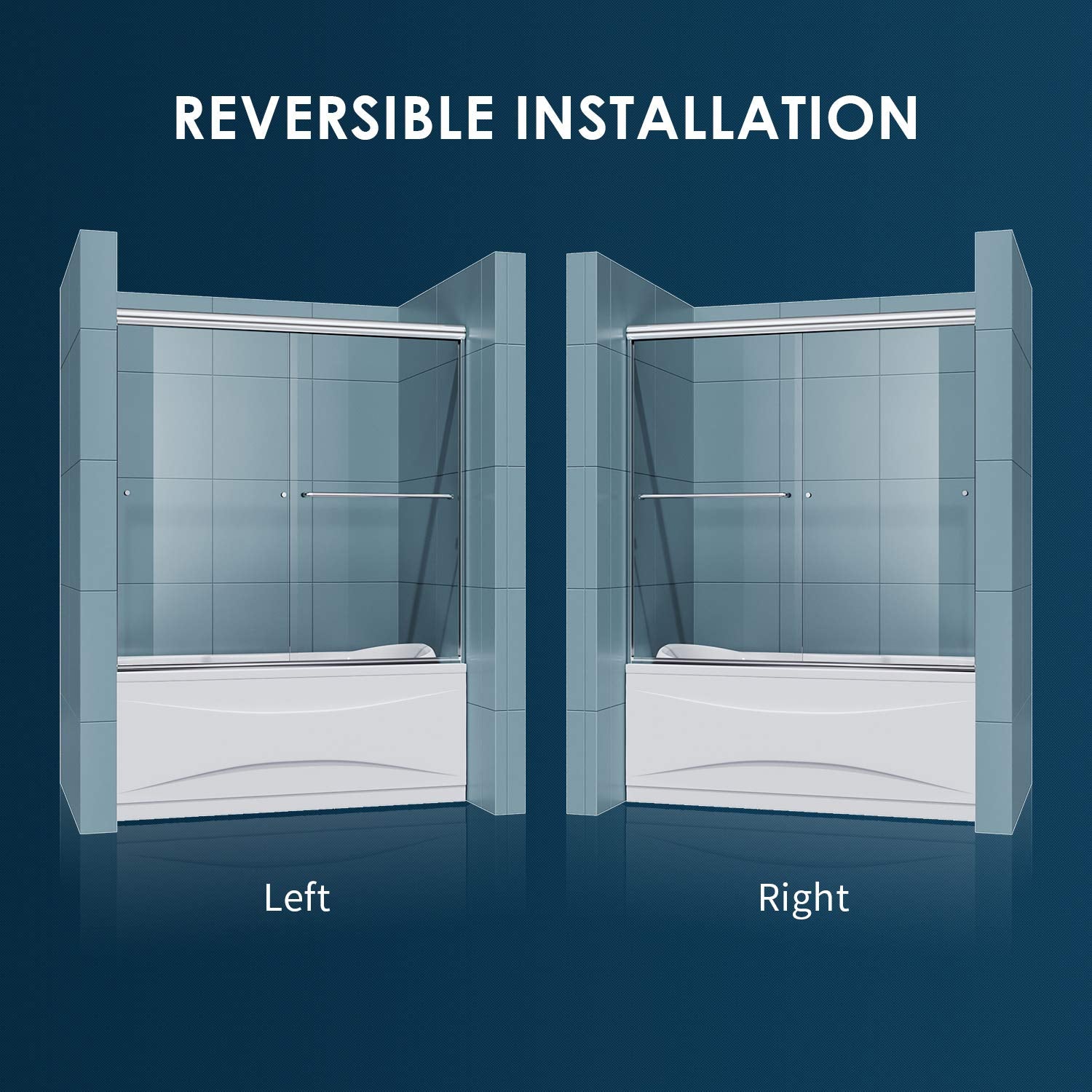 Reversible for right or left door opening installation. Suitable for installation on any straight bathtub