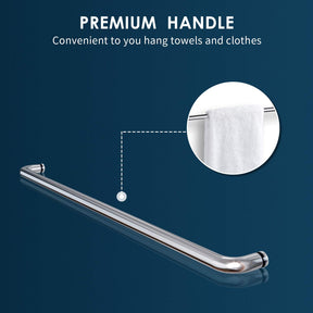 Aluminum door handle with long bar is mounted proud enough to act as a towel rail or as leverage when opening/exiting