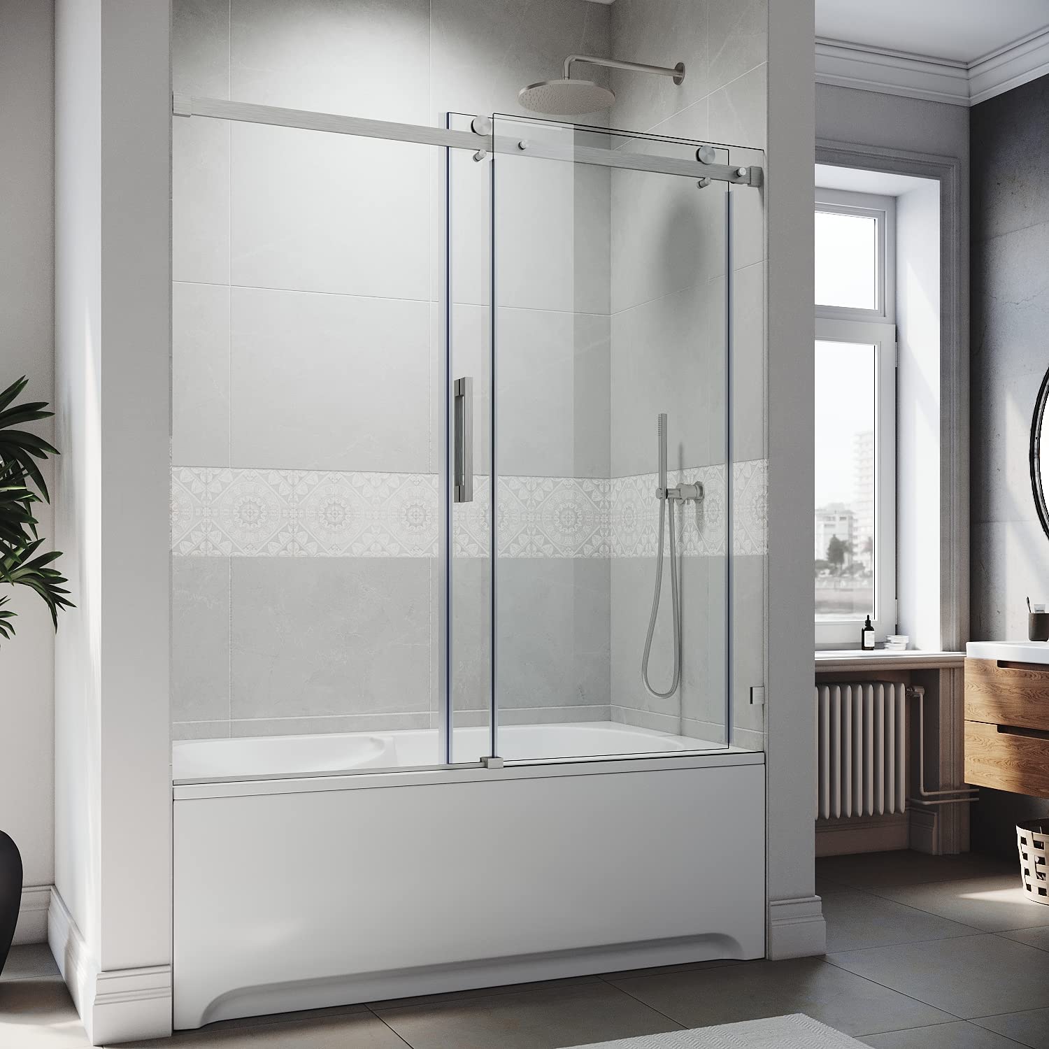Sunny Shower Fully 60 W x 72 H Frameless Sliding Shower Doors, 3/8 Clear Glass, Brushed Nickel Finish, Stainless Steel Hardware
