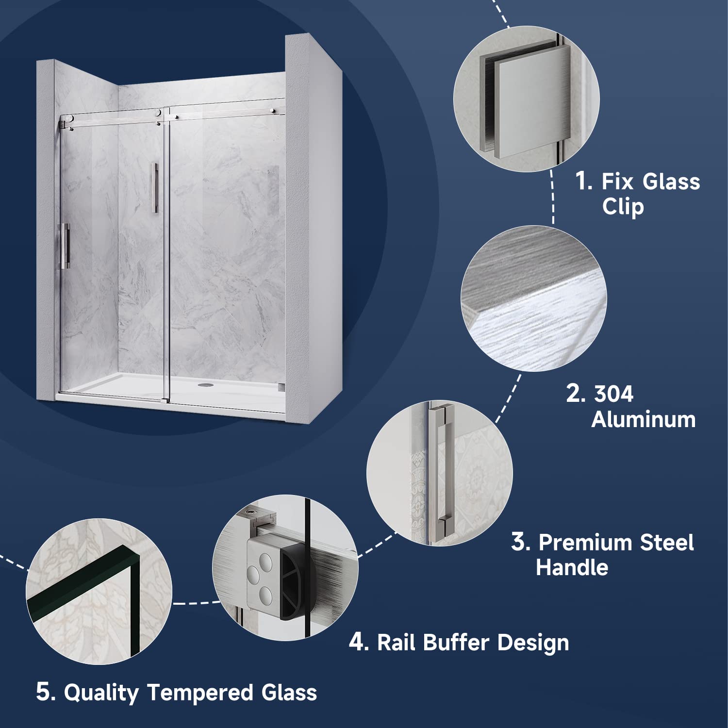 Design: （fix glass clip）（304 aluminum）（premium steel handle）（rail buffer design）（quality  tempered glass）