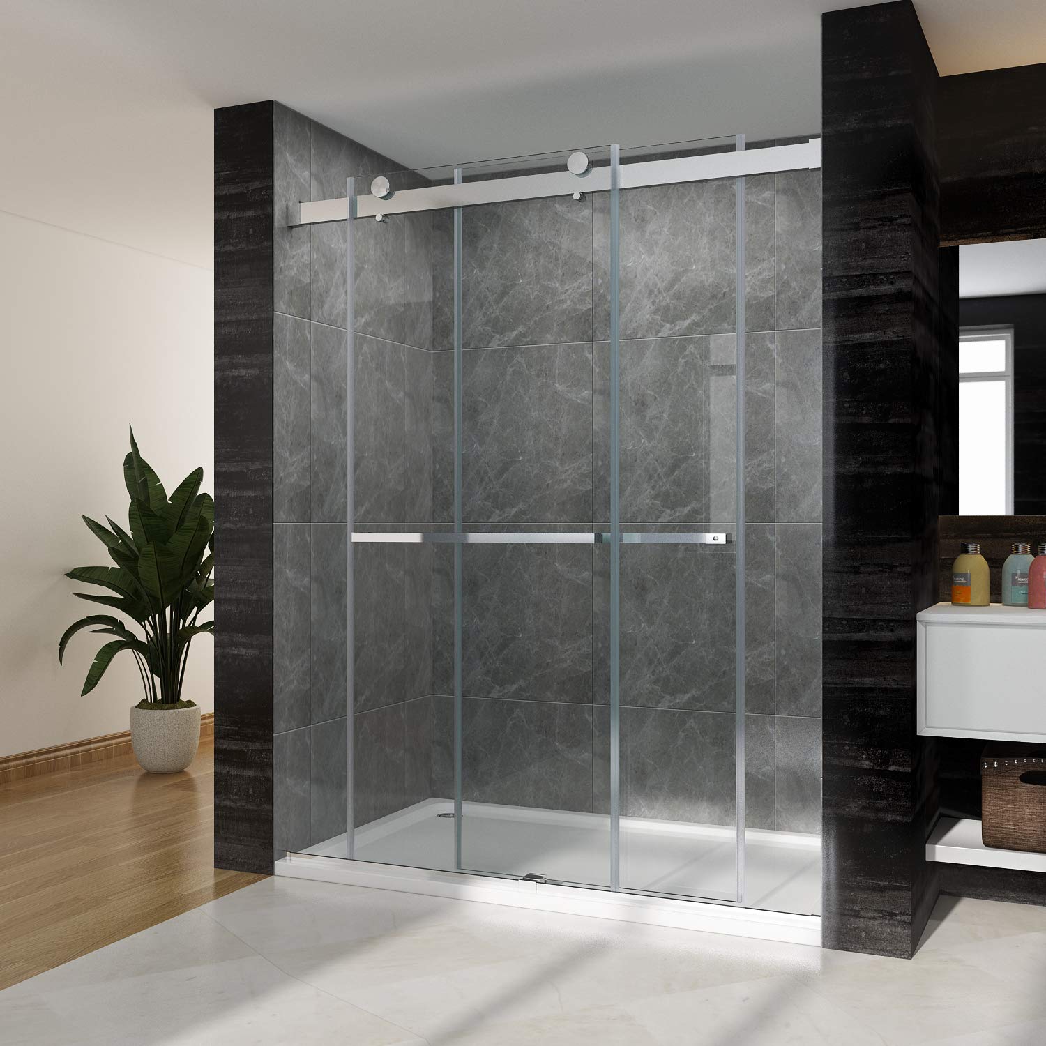 SUNNY SHOWER 60 in. W x 76 in. H Frameless Chrome Finish Double Sliding Shower Doors